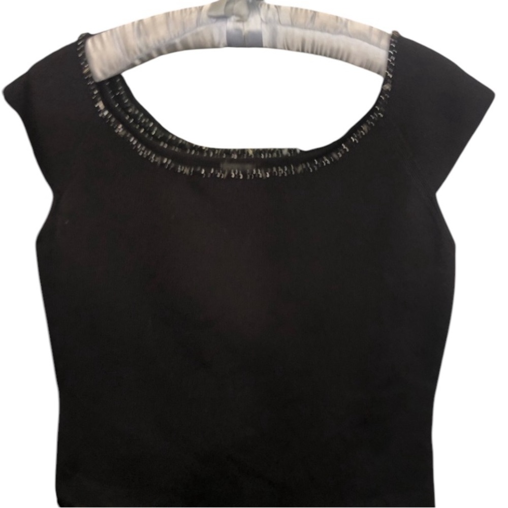 Singrid Olsen large black fine knit top beaded portrait neckline